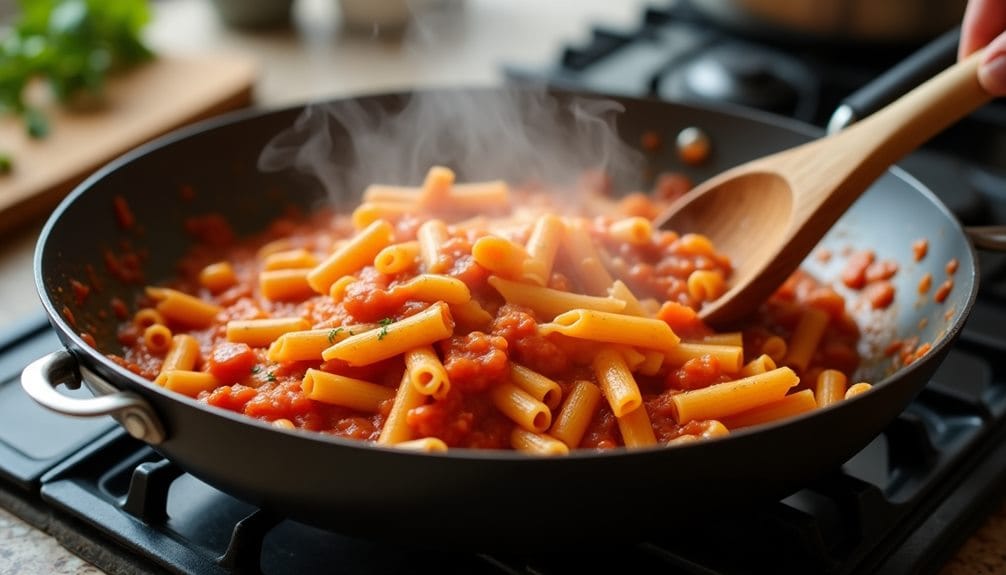 combine pasta with sauce