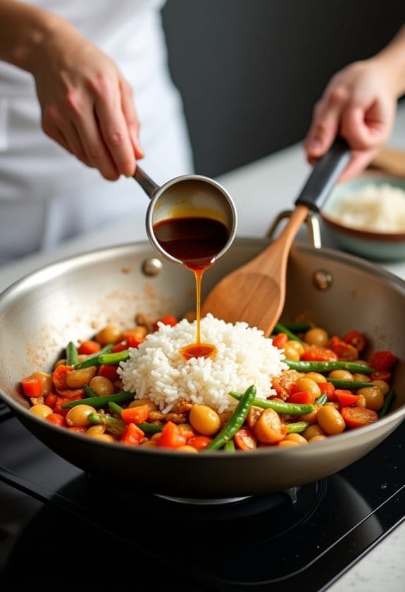 combining rice with soy sauce