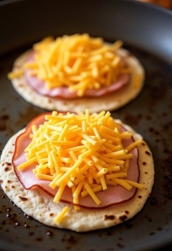 layering cheese and ham
