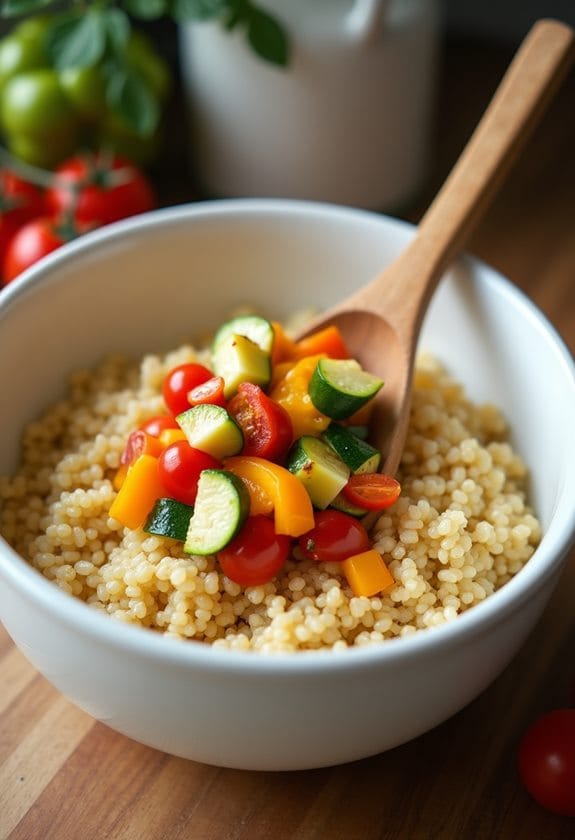 mixing quinoa with vegetables