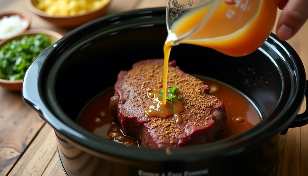 pour beef broth carefully