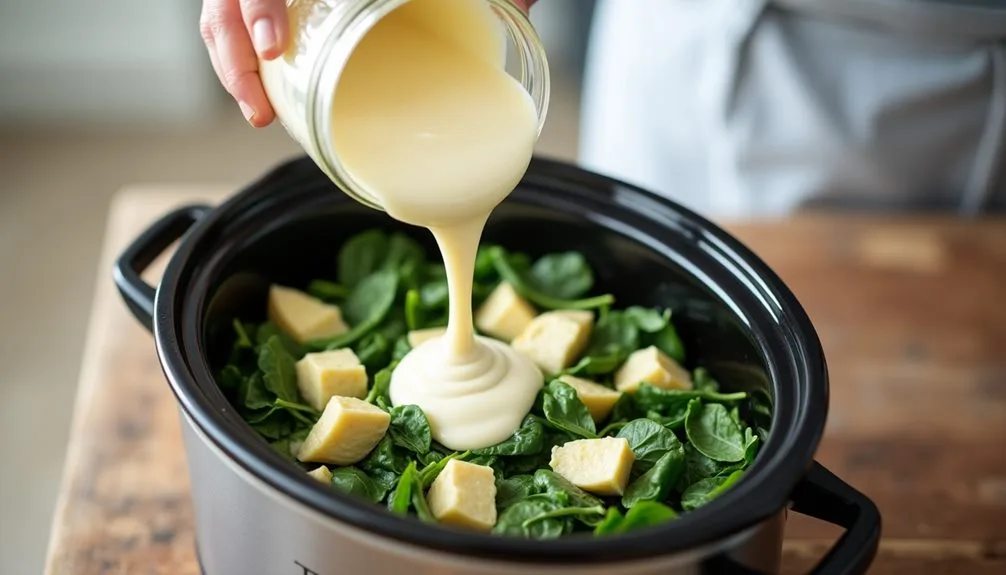 pouring sauce over vegetables