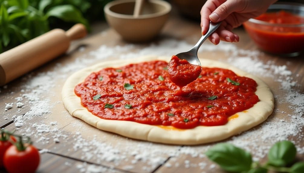 rolling dough applying sauce