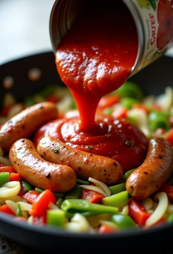 sauce and sausages added