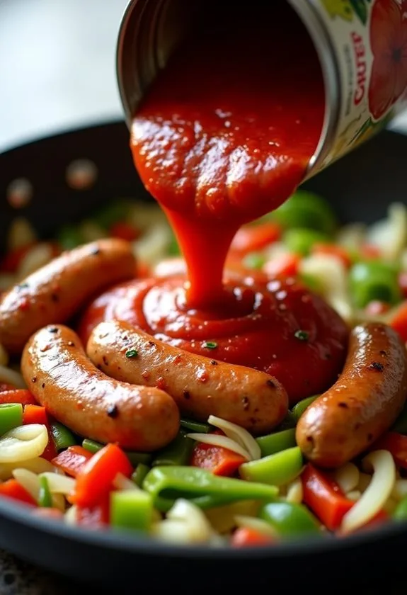 sauce and sausages added