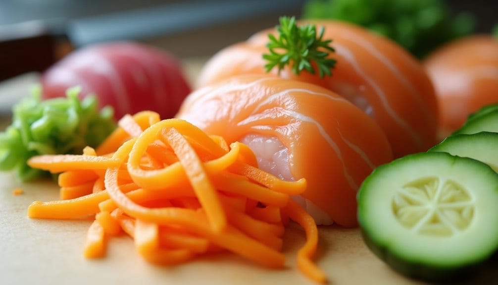 slicing vegetables and fish