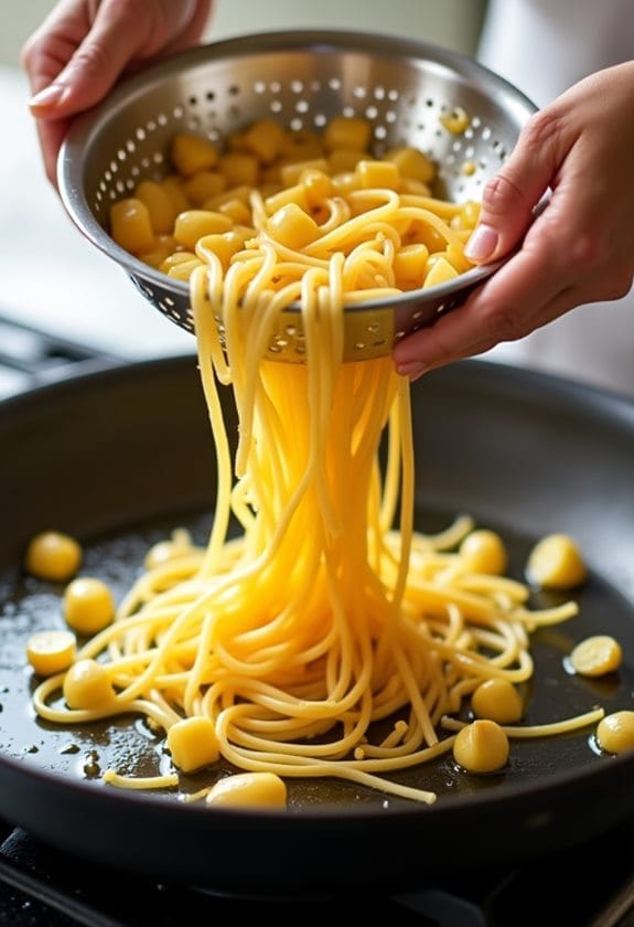 spaghetti added to skillet