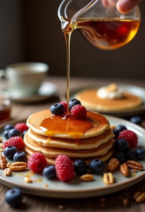 syrup drizzling on pancakes