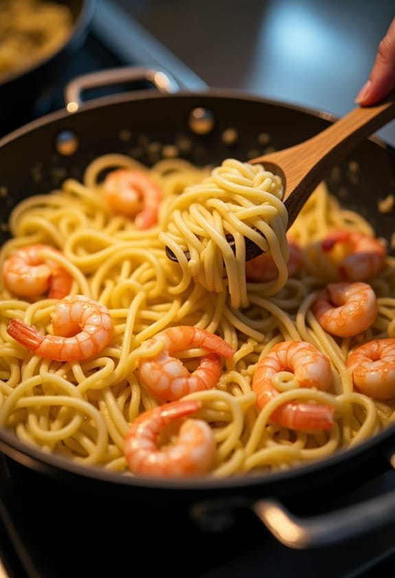 tossing pasta with garlic