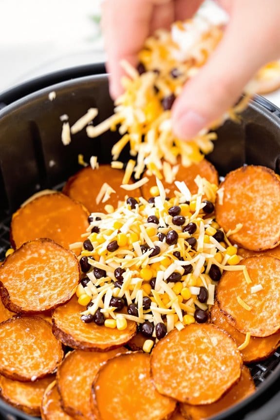 layer ingredients on potatoes