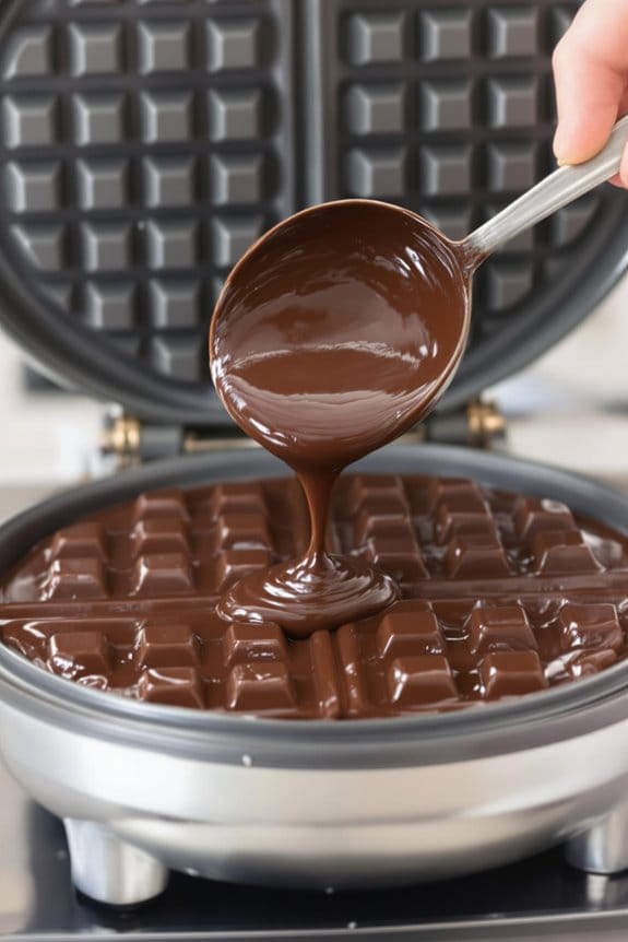 pour batter in waffle
