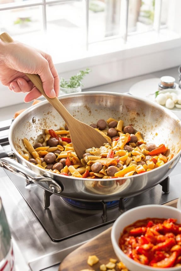 saut sausage with peppers