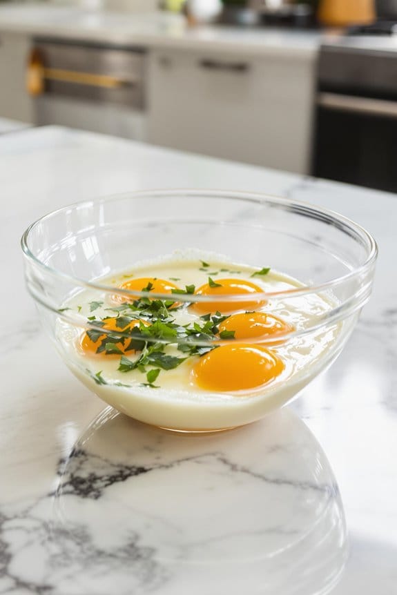 whisk eggs mixed with herbs
